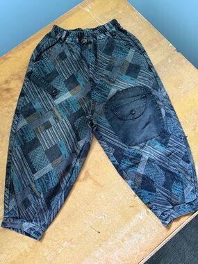 Vintage 80s Abstract Patchwork Pants Elastic Waist Boho Art Pants